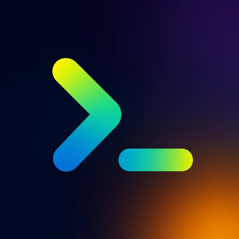 Rounded blue-to-lime greater-than mark and underscore on a dark purple background with an orange glow