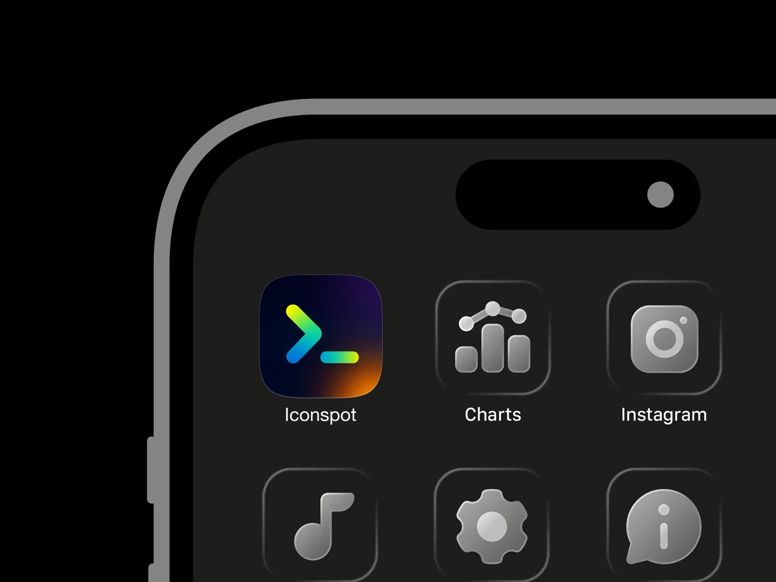 Rounded blue-to-lime greater-than mark and underscore on a dark purple background with an orange glow shown in an iPhone app grid