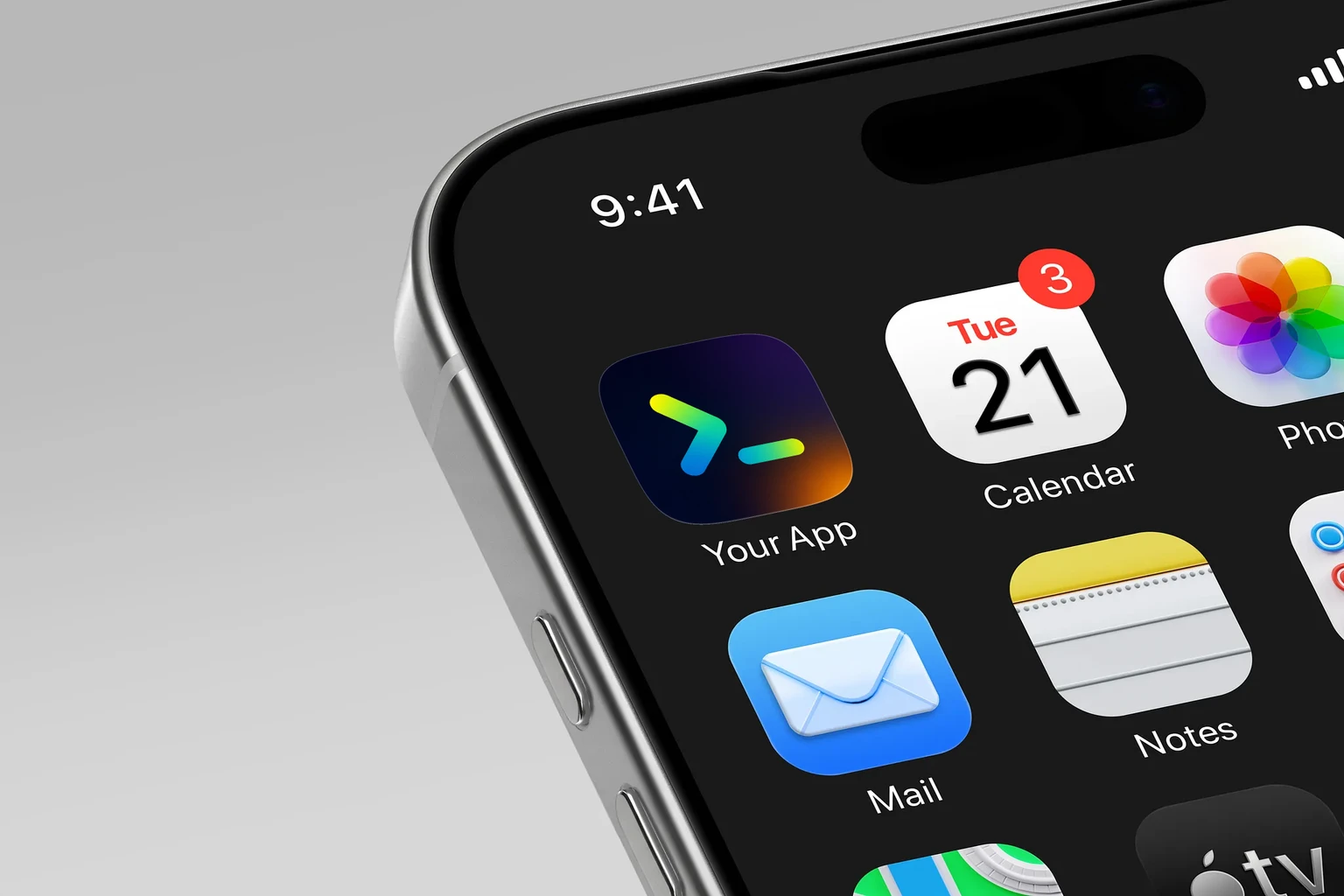 Rounded blue-to-lime greater-than mark and underscore on a dark purple background with an orange glow shown on an iPhone home screen