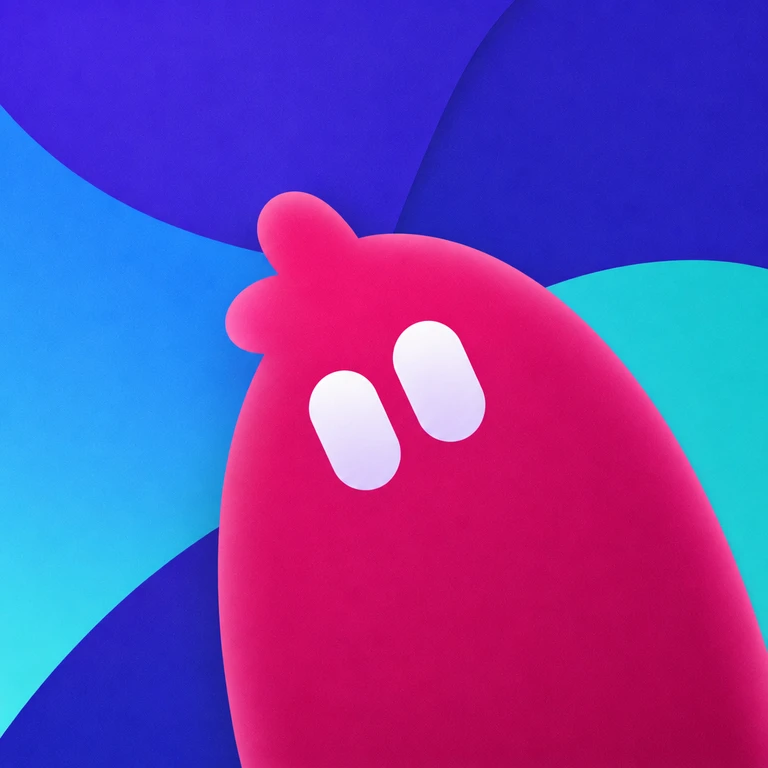 Rounded pink creature with two white capsule-shaped eyes and a small crest against an abstract cyan, blue, and purple background