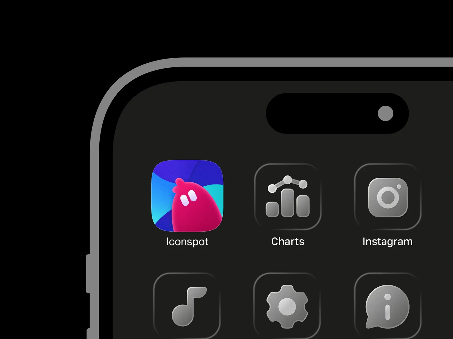 Rounded pink creature with two white capsule-shaped eyes and a small crest against an abstract cyan, blue, and purple background shown in an iPhone app grid