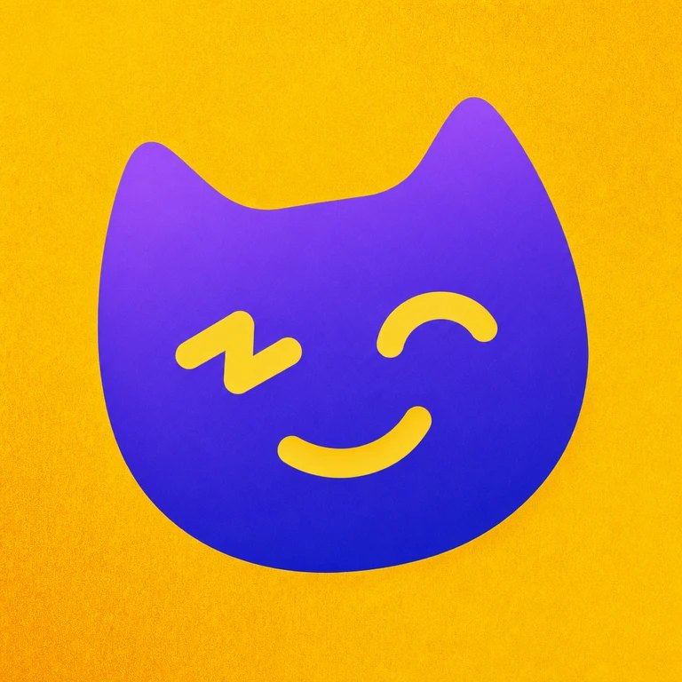 Rounded purple cat face with a winking eye and yellow smile on a textured golden-yellow background