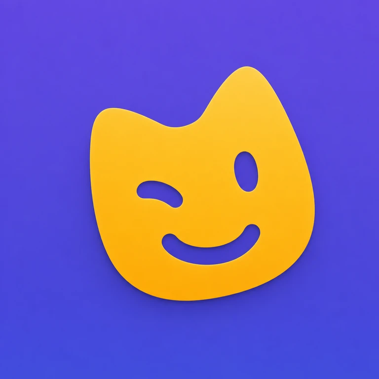 Rounded yellow cat face with one vertical eye, one winking eye, and a curved smile on a purple background