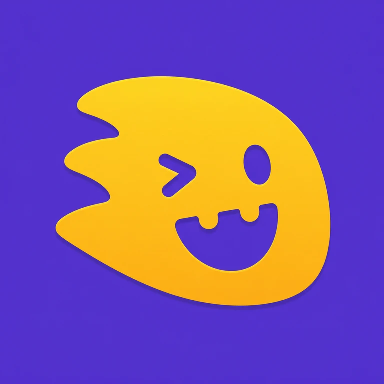 Yellow rounded face with one oval eye, one winking eye, an open smile, and three swept-back points on a purple background