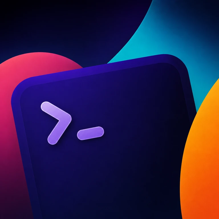 Tilted dark purple panel with a raised violet prompt symbol and underscore on a cyan, pink, orange, and purple abstract background
