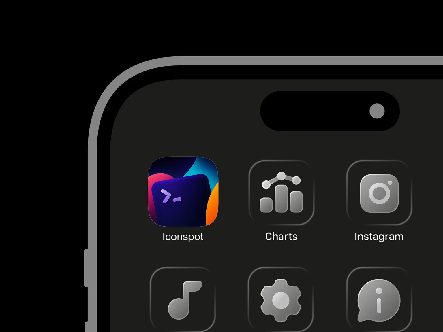 Tilted dark purple panel with a raised violet prompt symbol and underscore on a cyan, pink, orange, and purple abstract background shown in an iPhone app grid
