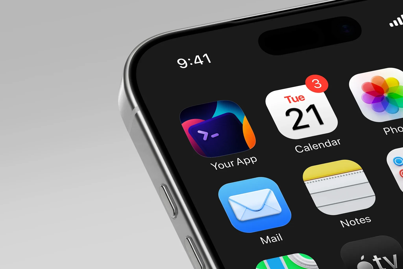 Tilted dark purple panel with a raised violet prompt symbol and underscore on a cyan, pink, orange, and purple abstract background shown on an iPhone home screen