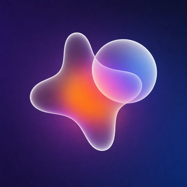 Translucent blue, purple, and pink sphere overlapping a rounded four-point shape with an orange center on a dark blue background.