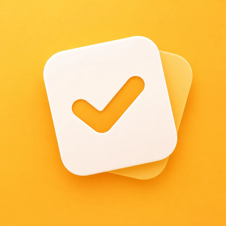 Tilted soft-white rounded card with orange check mark on a full-bleed golden background