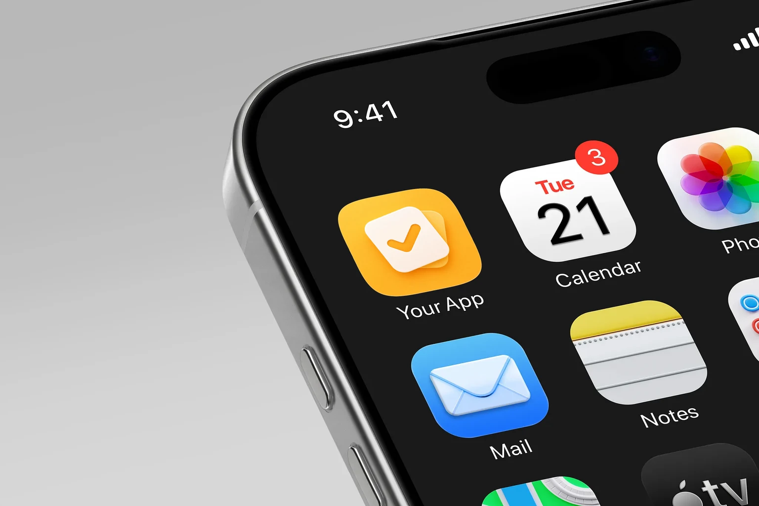 Tilted soft-white rounded card with orange check mark on a full-bleed golden background shown on an iPhone home screen
