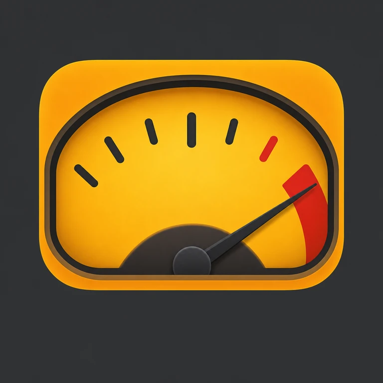Rounded amber app icon showing an analog VU meter with a dark needle pointing into a red upper-range zone.