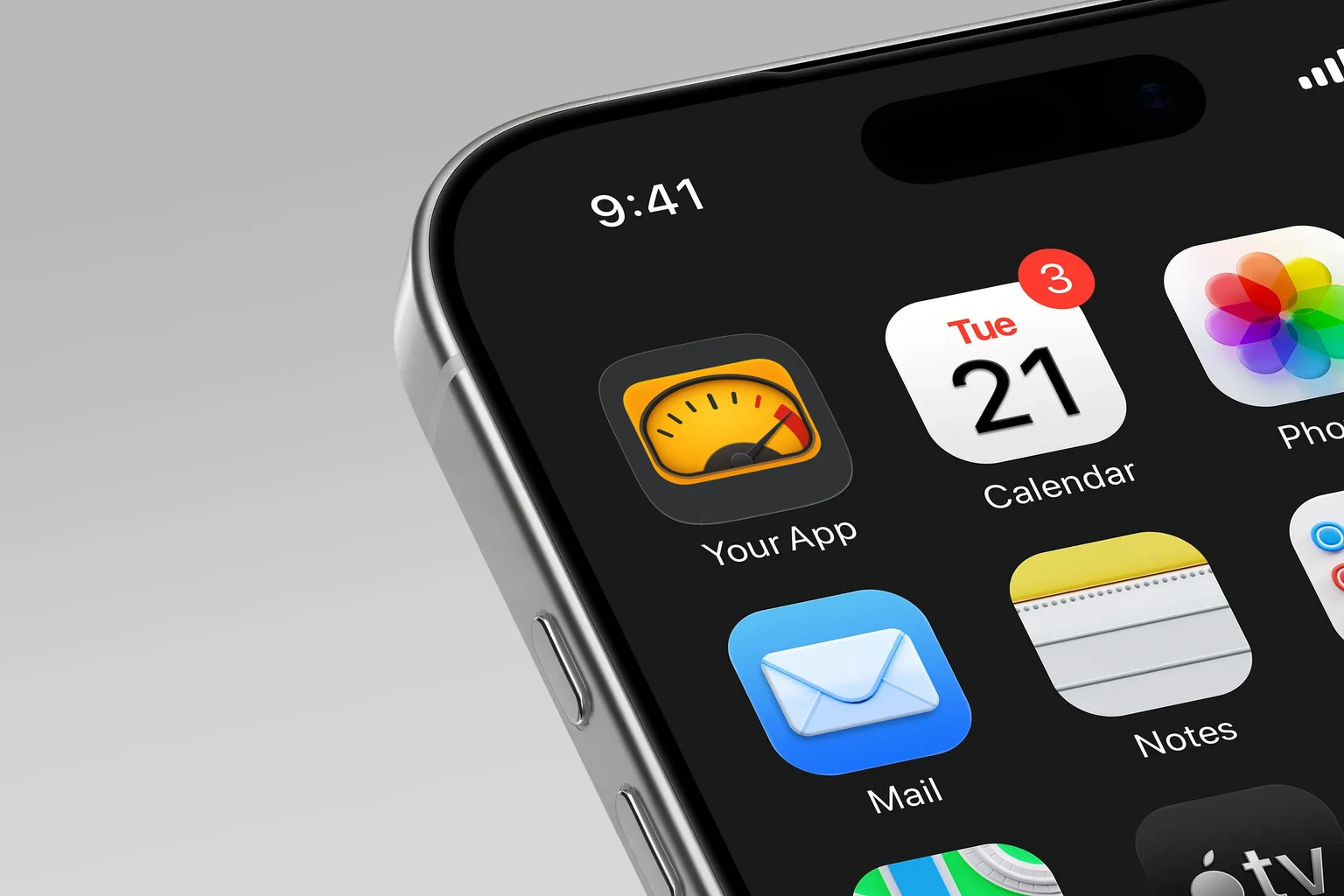 Rounded amber app icon showing an analog VU meter with a dark needle pointing into a red upper-range zone. shown on an iPhone home screen