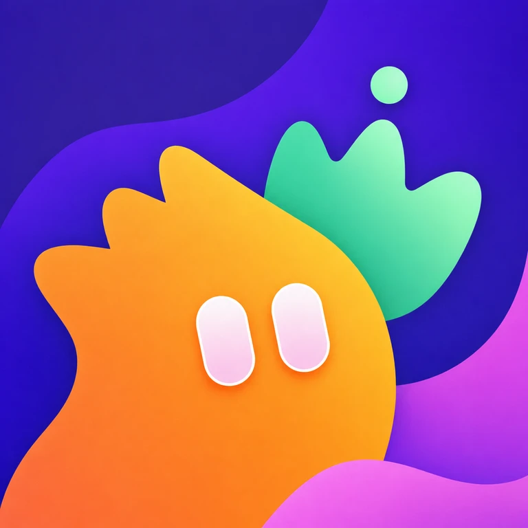 Orange rounded character with two white vertical eyes in front of a mint-green splash and flowing purple, pink, and blue shapes
