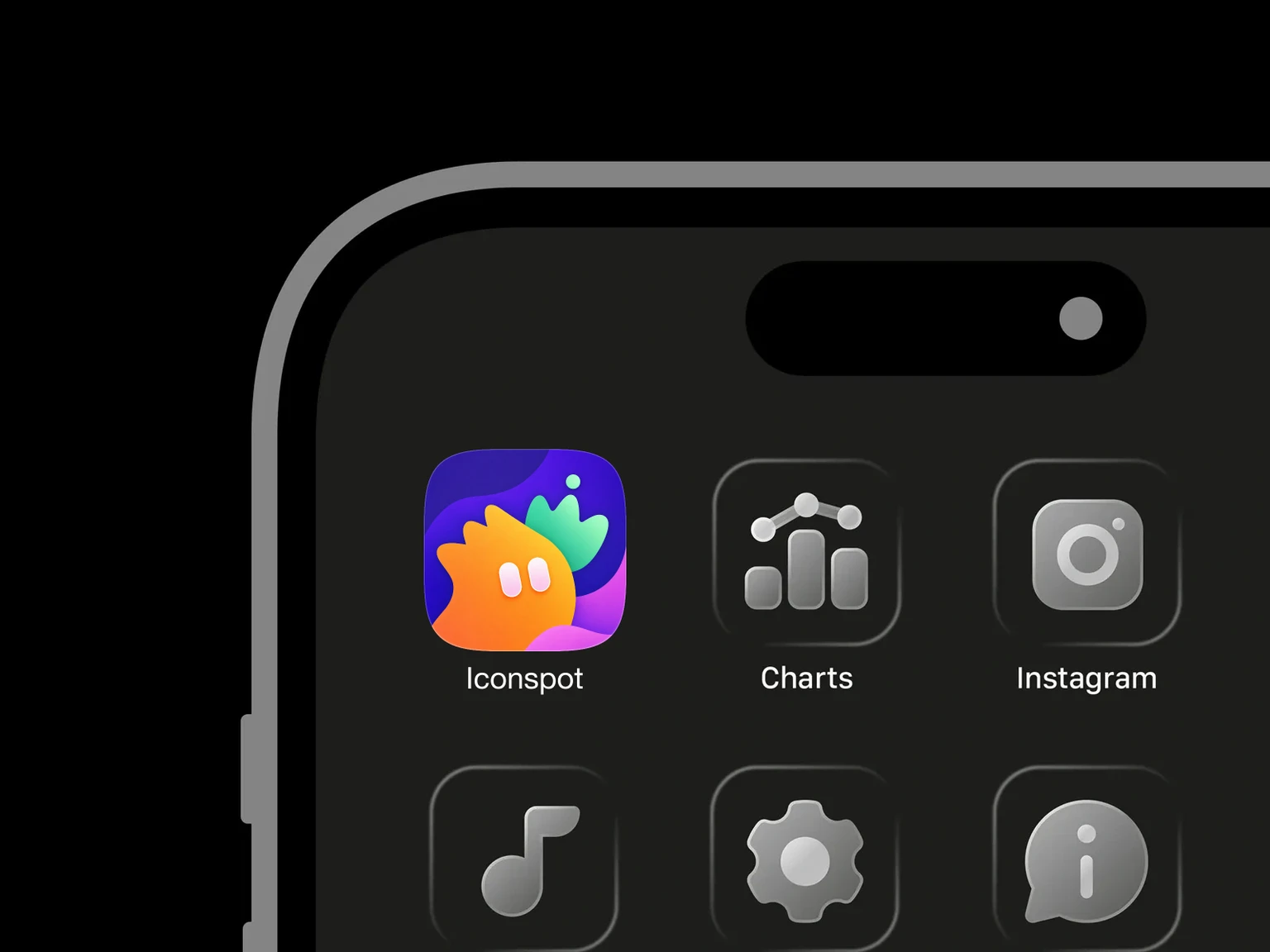 Orange rounded character with two white vertical eyes in front of a mint-green splash and flowing purple, pink, and blue shapes shown in an iPhone app grid