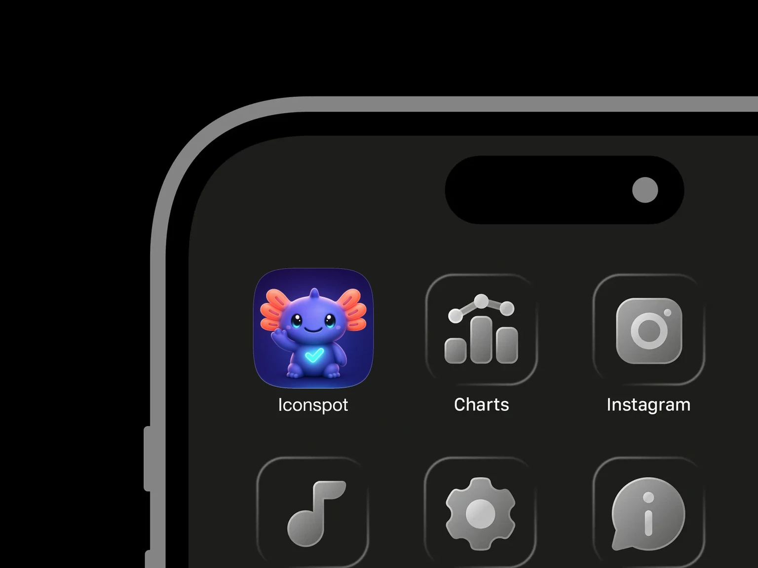 Blue-purple axolotl mascot waving, with coral external gills, teal eyes, and a glowing cyan checkmark on its chest. shown in an iPhone app grid