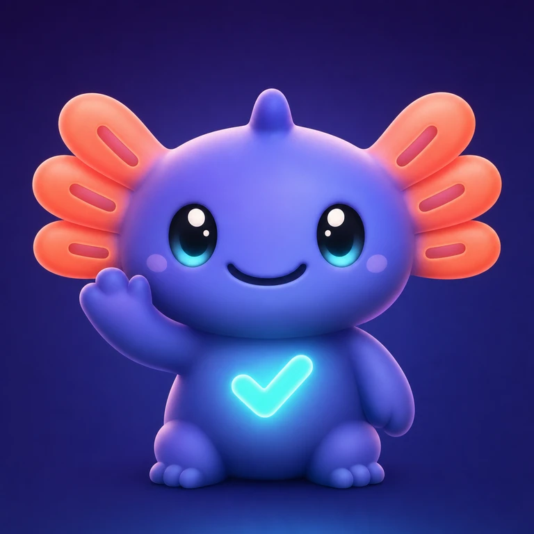 Blue-purple axolotl mascot waving, with coral external gills, teal eyes, and a glowing cyan checkmark on its chest.