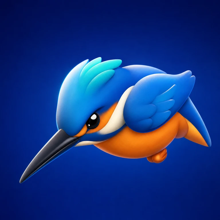 Glossy 3D blue-and-orange kingfisher leaning forward with swept wings and a long dark beak on a navy background.