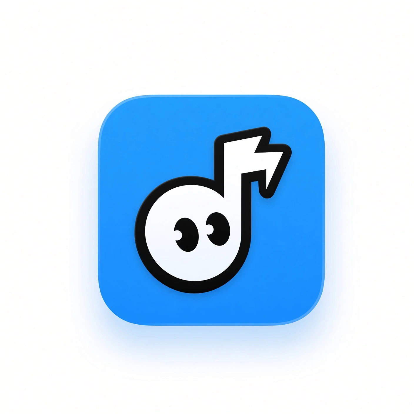 White musical note character with black outline, curious eyes and lightning-bolt stem on blue original presentation artwork