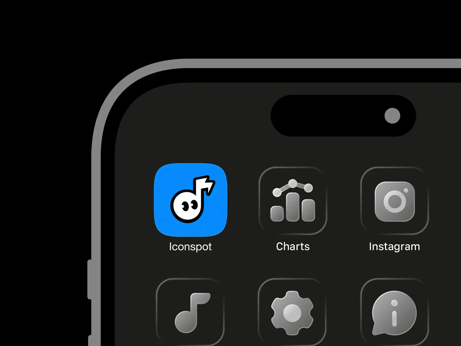 White musical note character with black outline, curious eyes and lightning-bolt stem on blue shown in an iPhone app grid