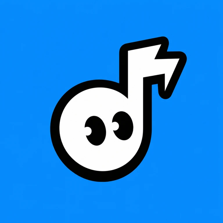 White musical note character with black outline, curious eyes and lightning-bolt stem on blue