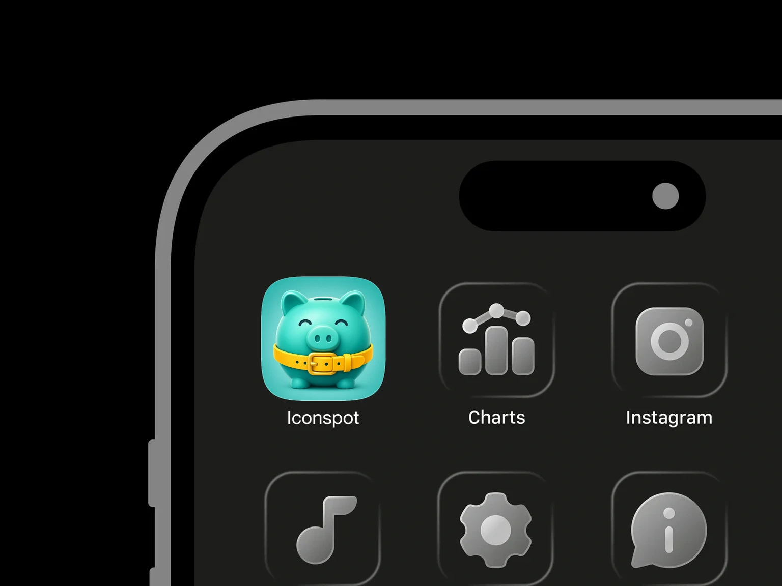 Round teal piggy bank with closed eyes, a top coin slot, small feet, and a wide yellow belt with a buckle. shown in an iPhone app grid