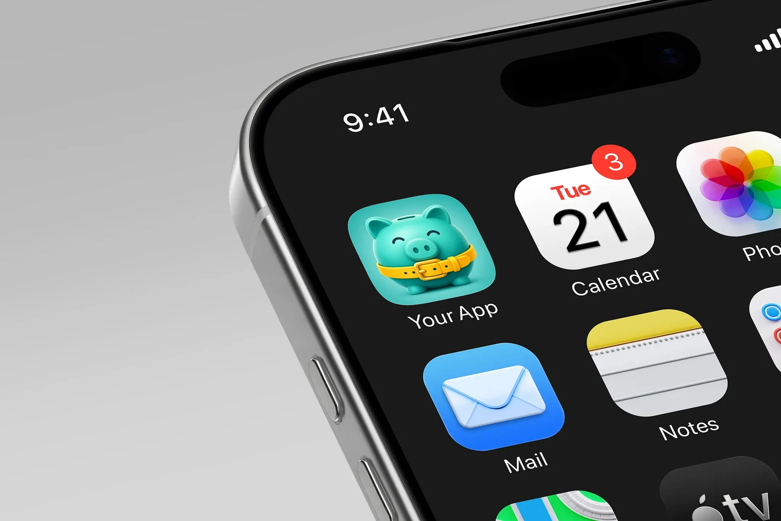Round teal piggy bank with closed eyes, a top coin slot, small feet, and a wide yellow belt with a buckle. shown on an iPhone home screen