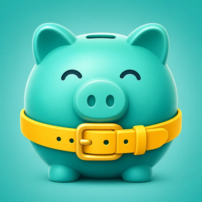 Round teal piggy bank with closed eyes, a top coin slot, small feet, and a wide yellow belt with a buckle.