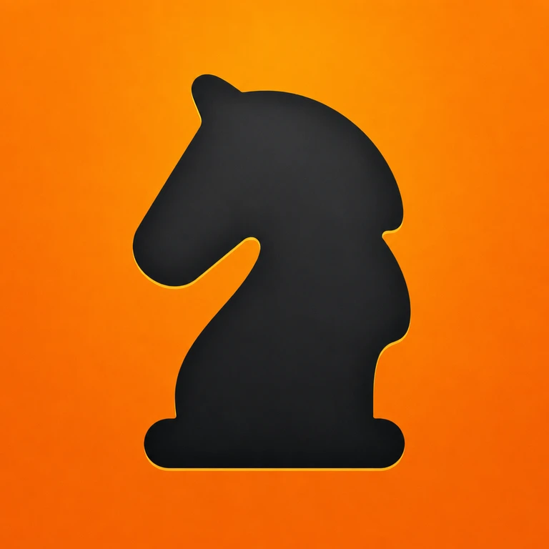 Black chess knight silhouette with rounded edges on an orange gradient background.