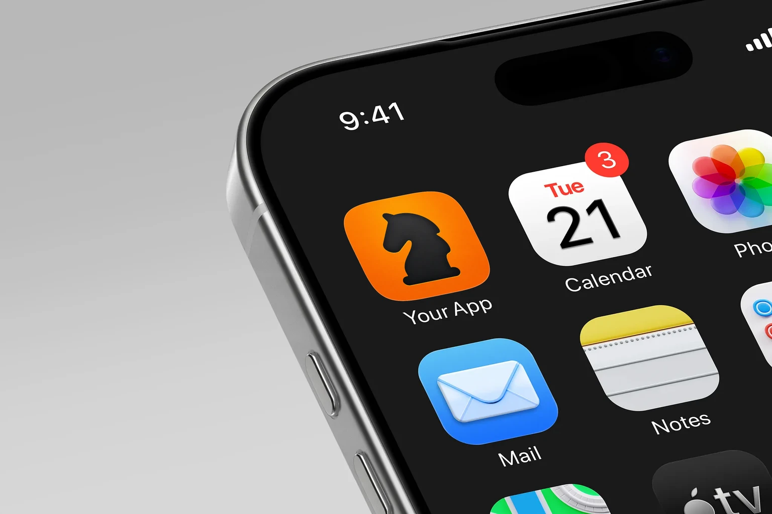 Black chess knight silhouette with rounded edges on an orange gradient background. shown on an iPhone home screen