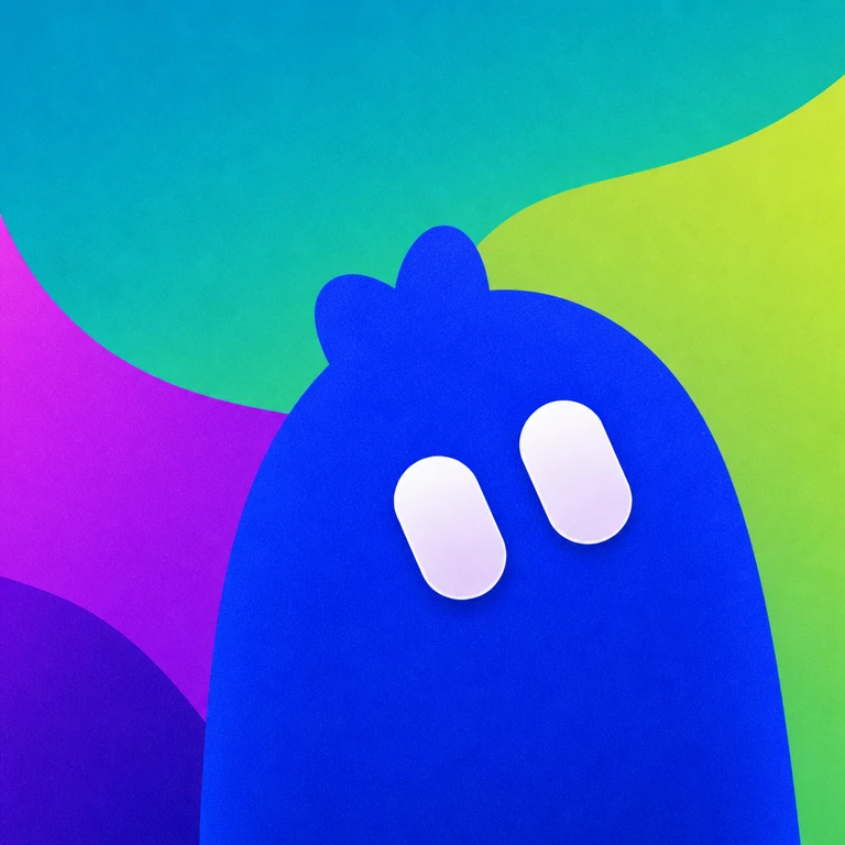 Rounded blue creature with two white capsule-shaped eyes and three head bumps against teal, lime, purple, and magenta abstract shapes