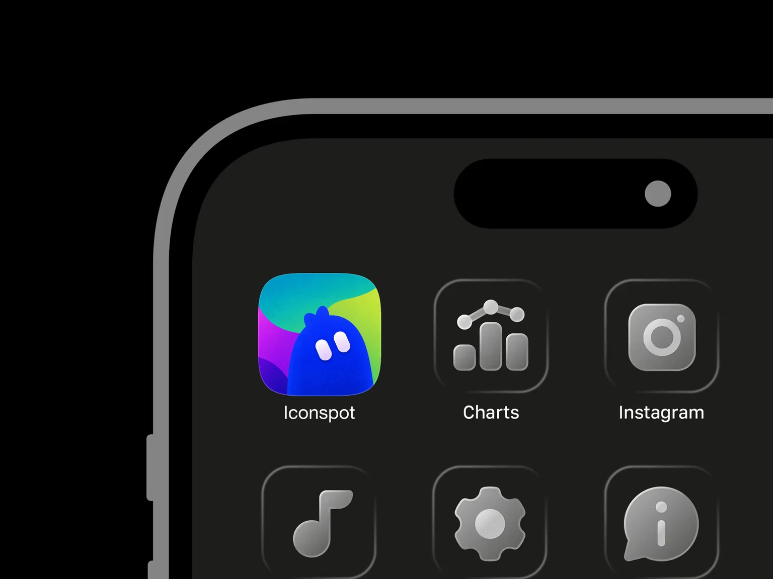 Rounded blue creature with two white capsule-shaped eyes and three head bumps against teal, lime, purple, and magenta abstract shapes shown in an iPhone app grid