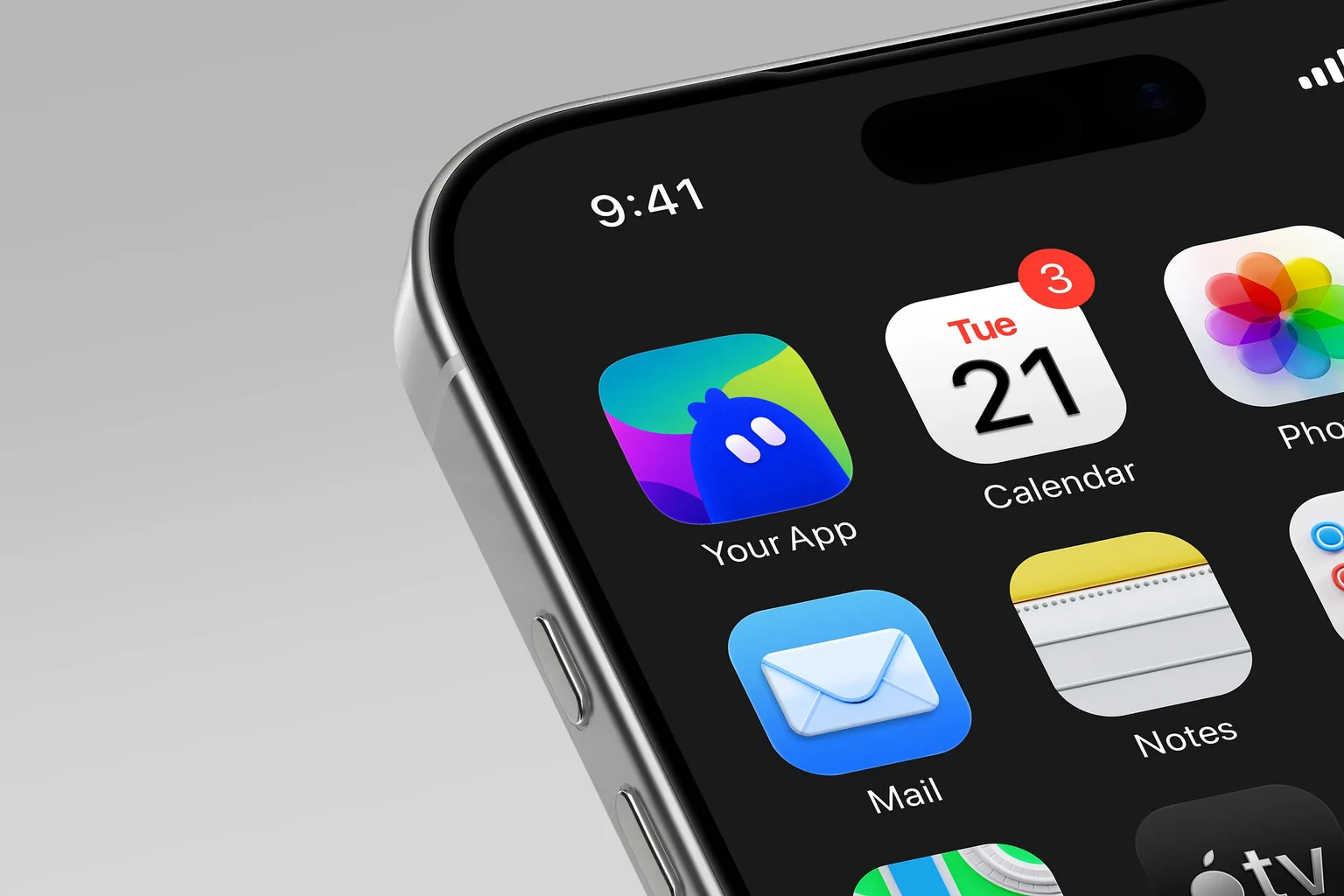 Rounded blue creature with two white capsule-shaped eyes and three head bumps against teal, lime, purple, and magenta abstract shapes shown on an iPhone home screen