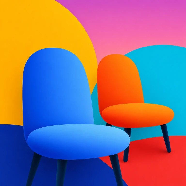 A large rounded blue chair beside a smaller orange chair against overlapping yellow, pink, teal, red, and navy shapes.