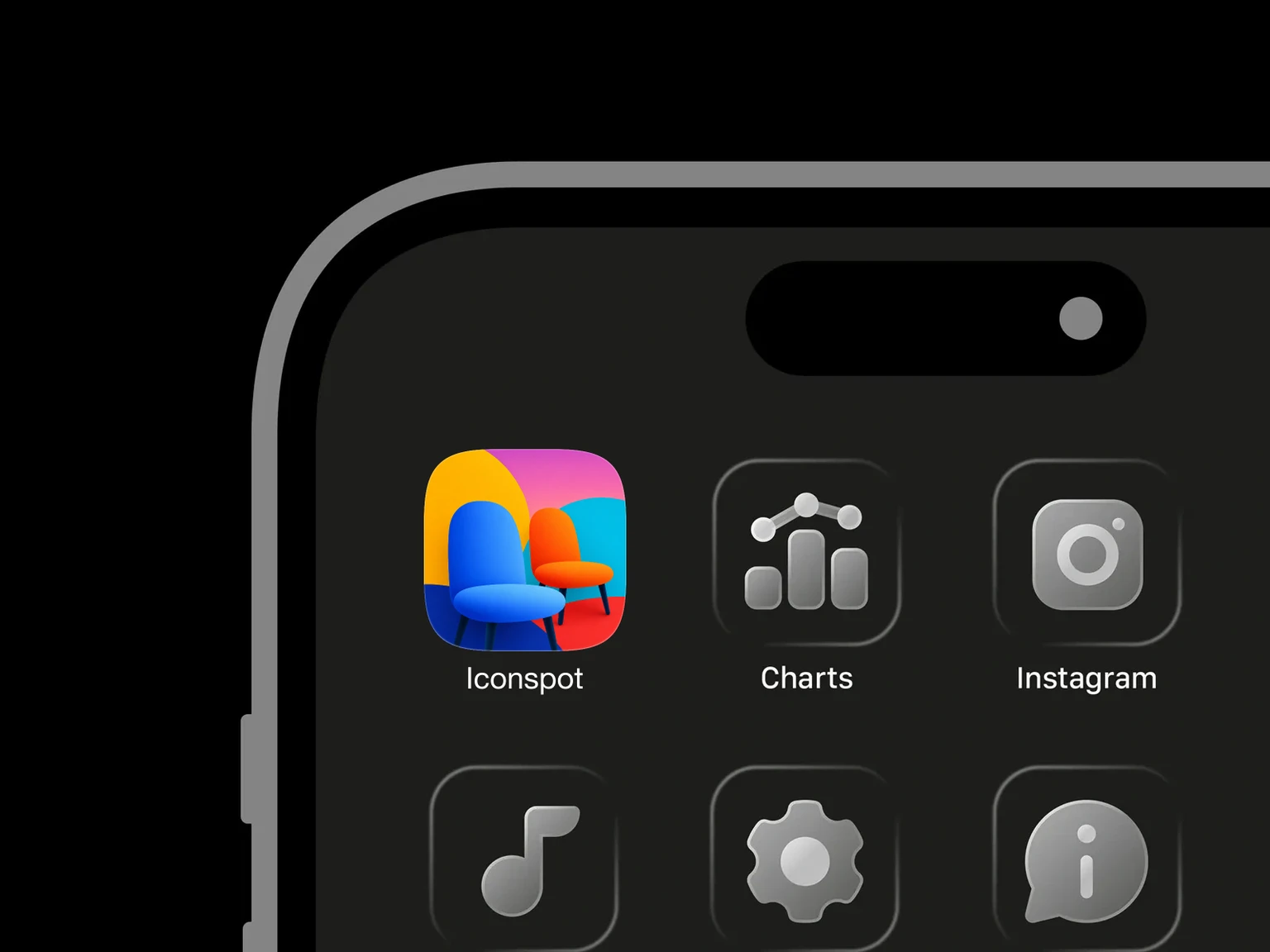 A large rounded blue chair beside a smaller orange chair against overlapping yellow, pink, teal, red, and navy shapes. shown in an iPhone app grid