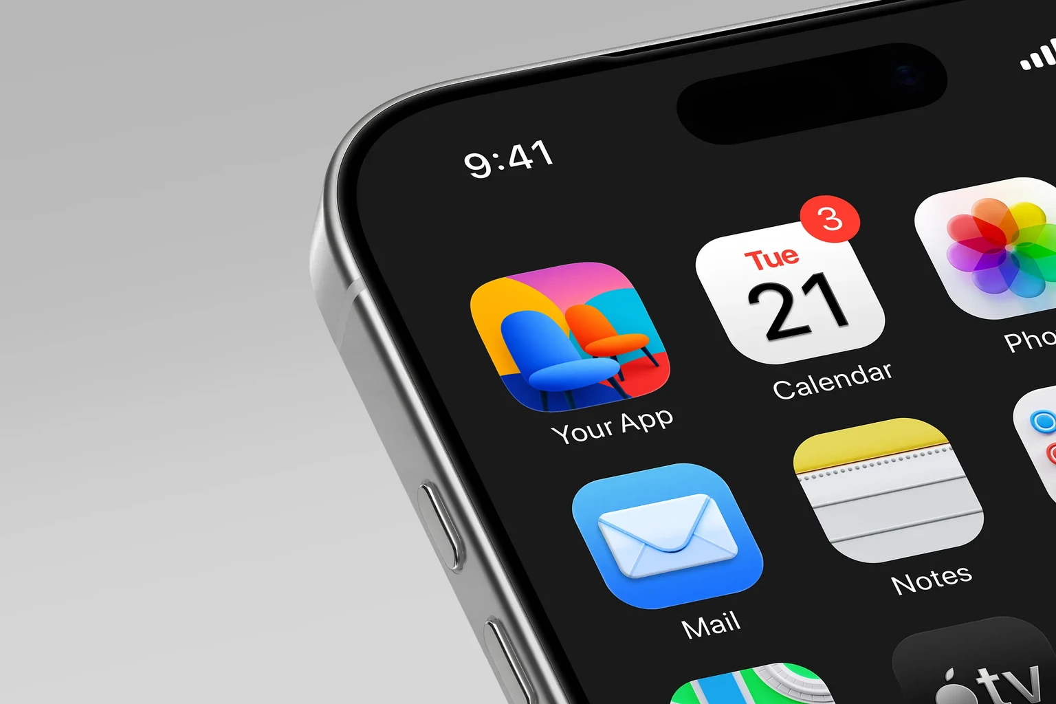 A large rounded blue chair beside a smaller orange chair against overlapping yellow, pink, teal, red, and navy shapes. shown on an iPhone home screen