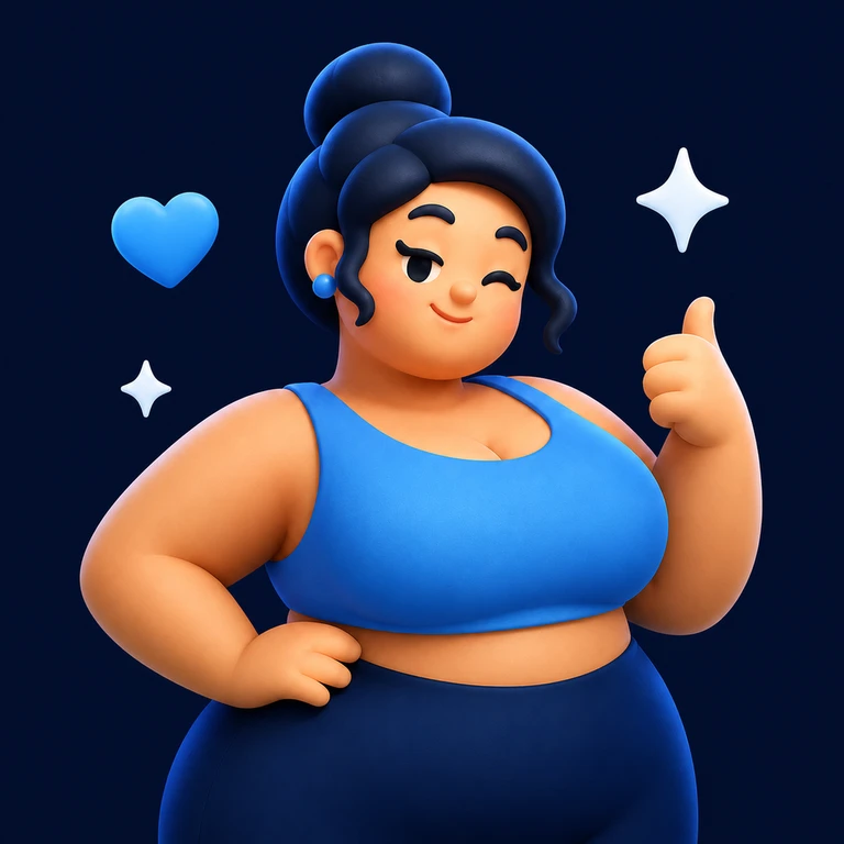 Smiling plus-size woman in blue activewear giving a thumbs up with blue heart and white sparkles