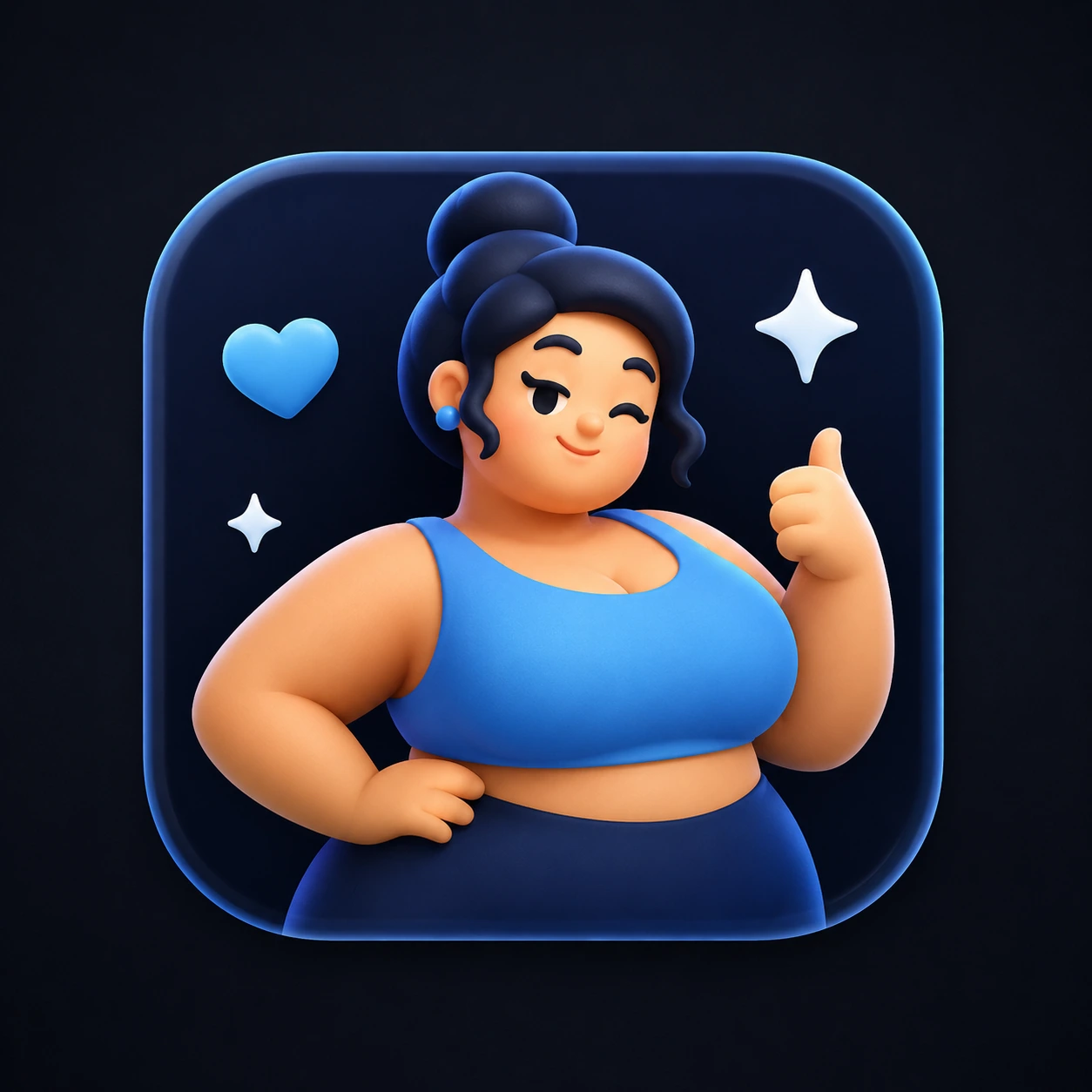 Smiling plus-size woman in blue activewear giving a thumbs up with blue heart and white sparkles original presentation artwork