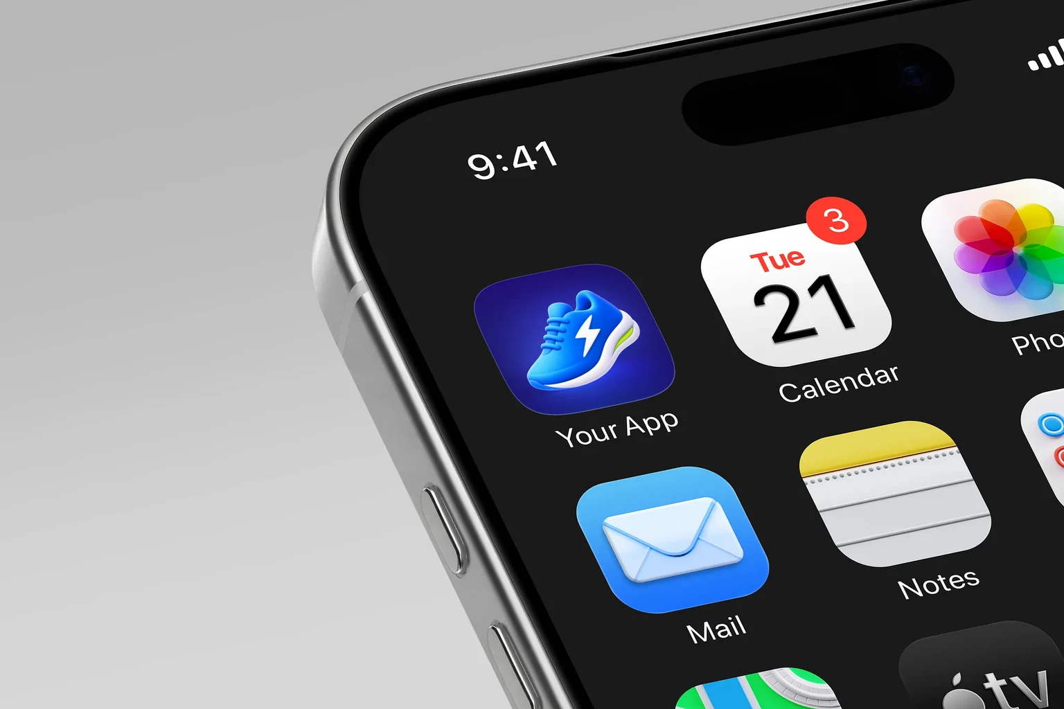 Glossy electric-blue running shoe with blue laces, a white lightning bolt, and a white sole with a lime-green accent. shown on an iPhone home screen