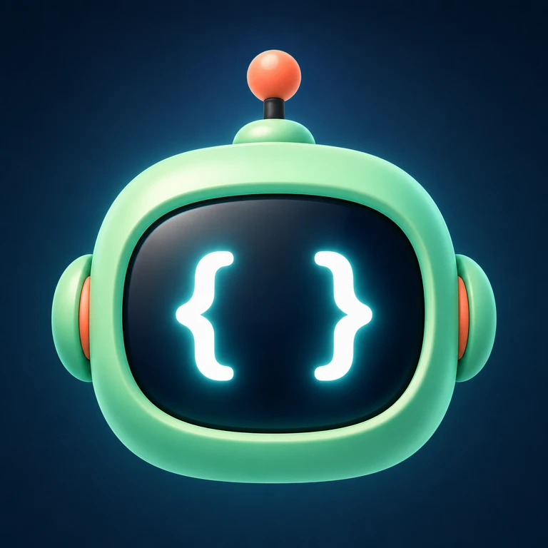 Mint-green robot head with coral ear panels, a ball-tipped antenna, and glowing cyan curly braces on a dark face screen.