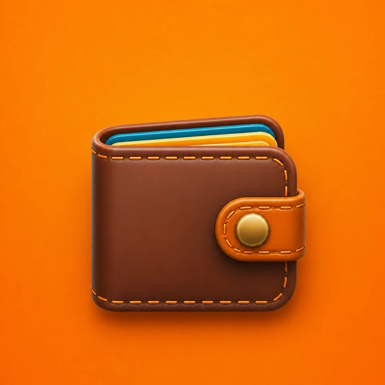 Brown leather wallet with orange stitching, colorful cards, a fastening tab, and a round gold snap on an orange background