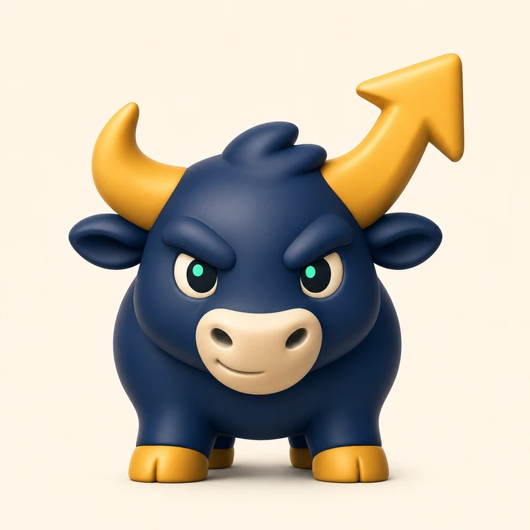 Front-facing navy cartoon bull with green eyes, a cream muzzle, gold hooves, one curved horn, and one upward-arrow horn.