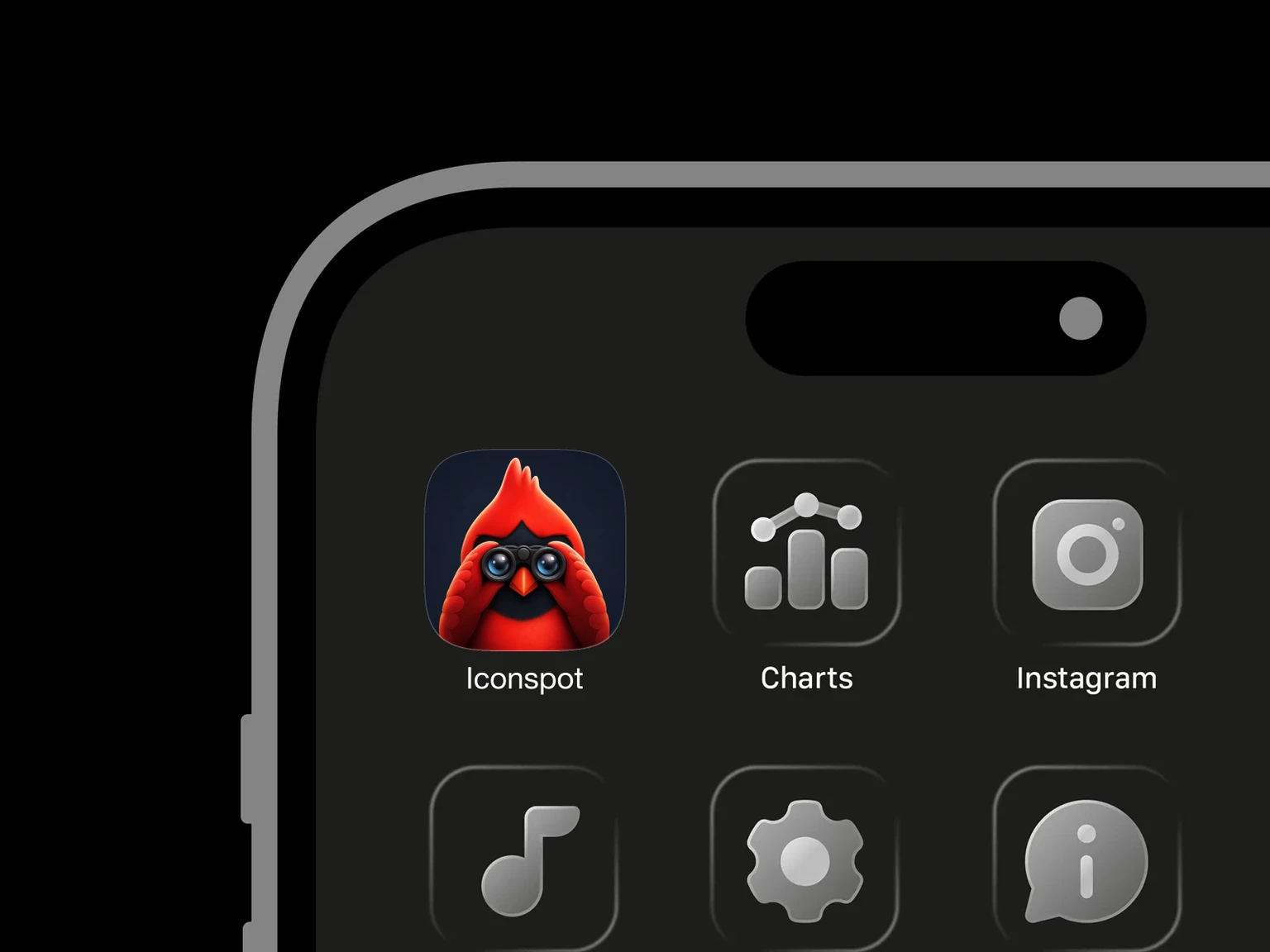 Stylized scarlet cardinal with a black facial mask and orange beak holding black binoculars to its eyes on a dark navy background. shown in an iPhone app grid