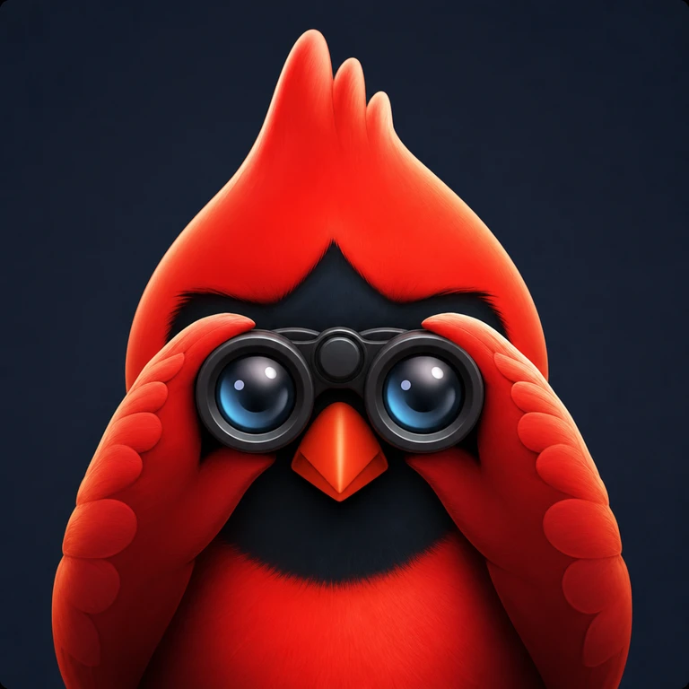 Stylized scarlet cardinal with a black facial mask and orange beak holding black binoculars to its eyes on a dark navy background.