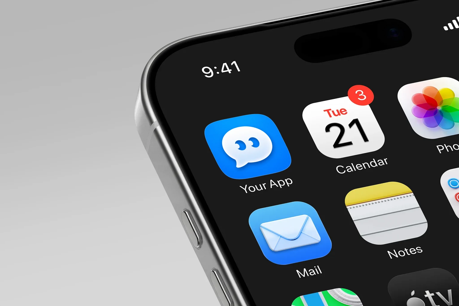 Large white speech bubble with two blue crescent eyes on a full-bleed cobalt and cyan blue background shown on an iPhone home screen