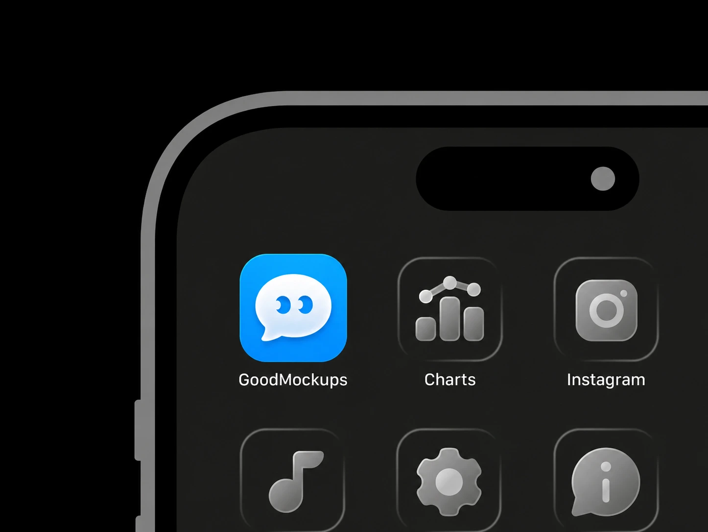 Large white speech bubble with two blue crescent eyes on a full-bleed cobalt and cyan blue background shown in an iPhone app grid