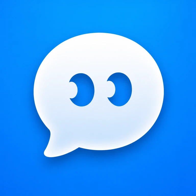 Large white speech bubble with two blue crescent eyes on a full-bleed cobalt and cyan blue background