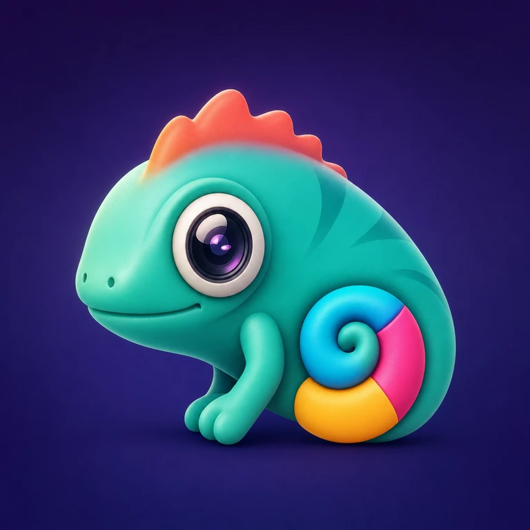 Glossy teal chameleon with an oversized camera-lens eye, orange crest, and curled cyan, pink, and yellow tail on a dark purple background.