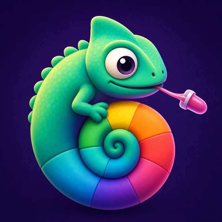 Green cartoon chameleon curled around a segmented rainbow spiral, extending its tongue to a pink dropper-shaped tip on a dark purple background.