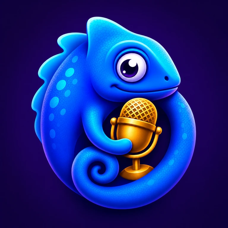 Glossy blue cartoon chameleon curled around a small gold microphone on a dark purple background.