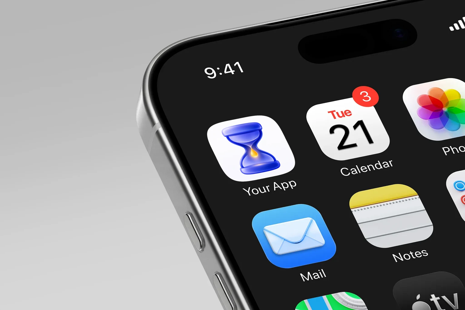 Glossy cobalt-blue glass hourglass with rounded ends and a glowing golden droplet suspended in the center on a white background. shown on an iPhone home screen